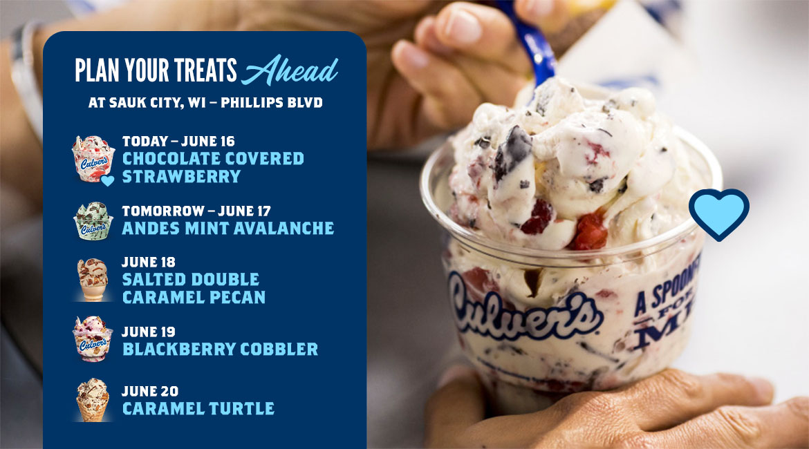 A screenshot of the Flavor of the Day calendar in the Culver’s app, on top of an image  of a dish of fresh frozen custard.